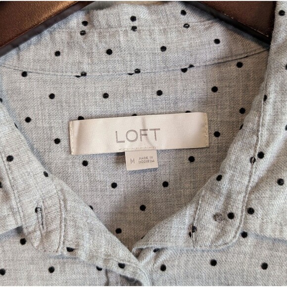 Loft Size Medium Polka Dot Top Womens Gray Button Up Shirt Long Sleeve M Cotton - Picture 2 of 5